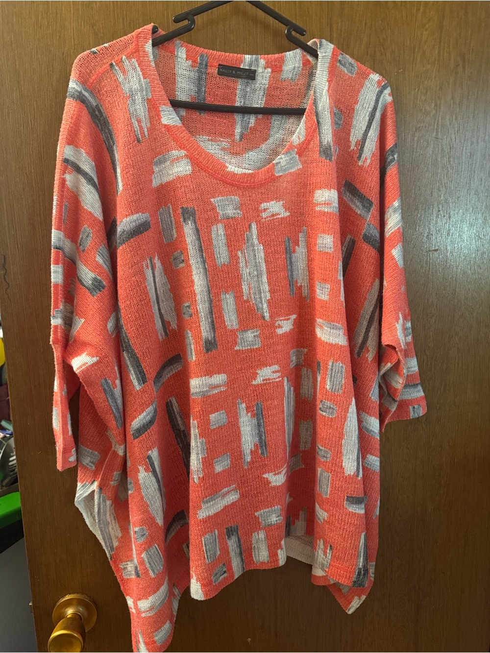 Nally & Millie Coral and Light Gray Abstract V-Neck Sweater